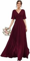 PRECISCRY V-Neck Women's Butterfly Sleeve Bridesmaid Dress A-Line Split Long Chiffon Formal Party Dresses Pockets PRY103 Burgundy