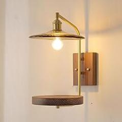 Wooden Wall Sconce with Shelf, Amber Tulip Glass Lampshade, Brass Finish Lamp Arm, Wall Light Fixtures for Bedroom, Bedside & Living Room, Perfect for Plants, Books, and Electronics