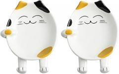 Milisten Ceramic Spoon Rest and Chopstick Holder Set, Creative Kitchen Utensil Rest with Soup Ladle and Spatula Support, Yellow-eared White Cat Design, 2pcs Kitchen Supplies Random Color