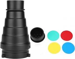 Aluminium Alloy Conical Studio Snoot Kit with Honeycomb Grid and 5pcs Color Filters for Bowens Mount Strobe Flash Photography Light