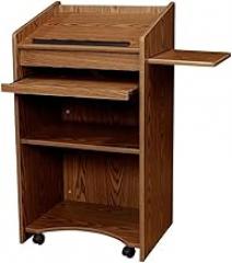 Pemberly Row Aristocrat Modern Wood Lectern, Non-Sound Podium with Slide-Out A/V Shelf & Storage, Medium Oak