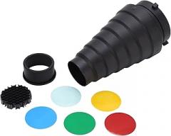 Flash Snoot Mount Conical Snoot Kit Portable and Optical Photography Flash Condenser Tube for Studio Photo Video with Five Color Films and Cellular Mesh Black Metal
