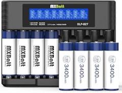 AA Batteries Rechargeable Lithium with Charger 8 Bay, 3400mWh 1.5V, 8 Packs 1500 Cycles, for Cordless Phones, Home Security, Household, Business Devices, Electronics