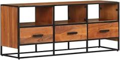 Rustic Industrial TV Cabinet with Solid Acacia Wood and Powder-Coated Black Iron Frame, Honey Brown Finish, Ample Storage for Electronics and Media Equipment, Durable