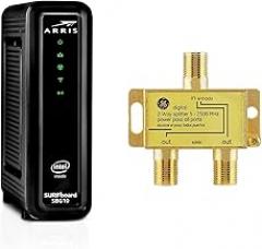 ARRIS Surfboard SBG10-RB DOCSIS 3.0 Cable Modem & AC1600 Dual Band Wi-Fi Router + GE Digital 2-Way Coaxial Cable Splitter