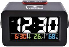 Multifunction Bedside Wake Up Humidity Temperature Table Desk Clock, Color Screen Electronic Clock Phone Charger,White(Black)