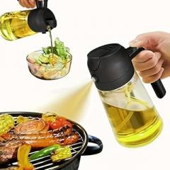 2-in-1 Oil Sprayer and Dispenser, 15oz/450ml Premium Glass Olive Oil Bottle Food Grade Glass Bottle for Cooking, Salad, BBQ, BPA Free, Easy-Pour, Anti-Clog Nozzle, Dishwasher Safe