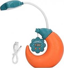 Cartoon LED Desk Lamp with Pen Holder USB Charging Eye Protection Mirror Electronic Clock for Kids (Orange)