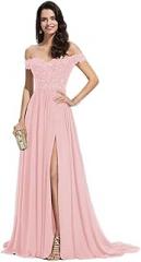PRECISCRY Women's Laces Appliques Bridesmaid Dresses Long Chiffon Off Shoulder Formal Evening Party Gowns with Slit Blush Pink