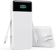 Portable Charger with Built in Cables and Wall Plug, 13800mAh USB C Fast Charging Power Bank for Travel Essentials, LED Display Battery Pack Compatible with iPhones, iPad, Samsung More Devices(White)