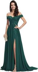 PRECISCRY Women's Off The Shoulder Bridesmaid Dresses with Slit Long Chiffon Formal Evening Party Gowns Peacock