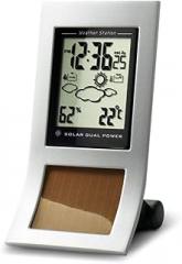 Solar Energy Weather Alarm Clock, Indoor Temperature/Humidity Wireless Weather Station Electronic Snooze Dual Power Desk Clock,Blue/6047,Silver
