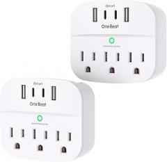 One Beat 2 Pack Multi Plug Outlet Splitter with USB,Surge Protector Outlet Extender with 3 Wall Outlets 4 USB Wall Charger(2 USB C),490 J, ETL Listed,Small Outlet Adapter Plug Extender for Travel,WH