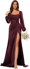 PRECISCRY Mermaid Satin Bridesmaid Dresses with Slit Long Sleeve Formal Party Dress Pleated Long Formal Evening Dresses Burgundy