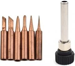 7pcs Copper 900M-T Soldering Iron Tip Set with Handle Adapter, Compatible with 936 937 938 969 8586 852D Soldering Stations, 6 Shapes for Electronics Repair
