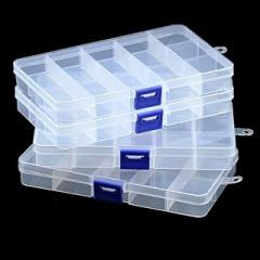 4 Pcs 15 Grids Clear Organizer Box Plastic Storage Container with Fixed Dividers Blue Buckle for Electronics Jewelry Beads Art DIY Crafts Small Parts Non-Adjustable Dividers