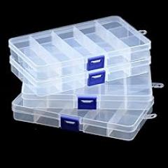 4 Pcs 15 Grids Clear Organizer Box Plastic Storage Container with Fixed Dividers Blue Buckle for Electronics Jewelry Beads Art DIY Crafts Small Parts Non-Adjustable Dividers
