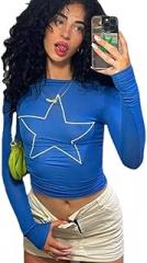GESALOP Y2K Blue Star Long Sleeve T-shirt Tight Crop Top Aesthetic Harajuku Casual Electronic Girls T-Shirt Streetwear
