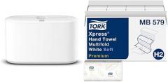 Tork Xpress Paper Towel Dispenser (White) and Tork Xpress Soft Multifold Hand Towels (16 Packs)