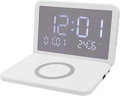 ciciglow Wireless Charging Clock, Flip Cover Design 15W Fast Charging LED Mirror Electronic Clock with Non Slip Silicone Adjustable Brightness for Nightstand Desk (White)