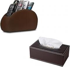 PU Leather Organizer - 5 Compartments Remote Control Box and Magnetic Tissue Box Set for Home/Office, Organize Remote Controls, Pens, Napkins and Electronics (Brown)