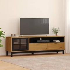 Rustic Solid Pine Wood TV Stand with Semi-Opaque Glass Door, Ample Storage Media Cabinet for Electronics and Decor, Durable Furniture with Cable Management