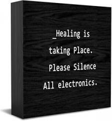 Healing Is Taking Place Please Silence All Electronics Home Office Decor Wooden Box Sign, Decorative Positive Office Desk Accessories Wood Plaque Wood Table Sign For Tv Cabinet Shelf 5 X 5 Inch