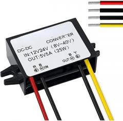 DC 12v 24v to 5v 5A 25W Step Down Converter Regulator Power Adapter Reducer for Car Electronics Truck Vehicle Boat Solar System(12V 24V-5V5A)