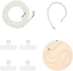 2Pcs Phone Chain Crossbody Pearl Strap Cell Phone Wrist Strap, Universal Cell Phone Lanyard Strap Phone Chain with 4×Tether Tab Fits Most Phones Case Bag Purse White