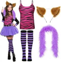 GANSHAYA Halloween Wolf Costume with Fox Ears Tube Top Purple Black Striped Socks for Halloween Cosplay