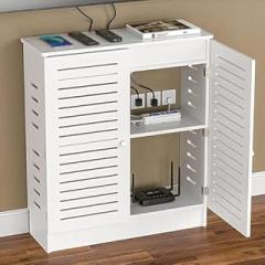 Wooden Router Storage Box with Cabinet Door & Power Strip, Cable Management Organizer for Home/Office, Neat Electronics Storage Solution, 19.7