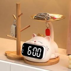 Cute Cat Desktop Clock Decoration,Smart Electronic Digital Mute Clock,Living Room Entryway Key Storage,Suitable for Housewarming Gift, Home Decoration