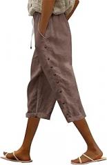 Generic Striped Linen Pants for Women Summer Drawstring Elastic Waist Capri Pants Casual Sports Bermuda Shorts with Pockets