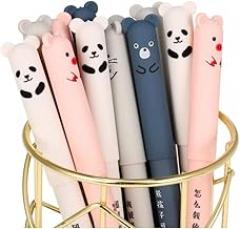 12 Pcs Erasable Rollerball Pens Friction Pens, 0.35mm Ballpoint Pens Cartoon Cat Pig Bear Panda Animal Gel Ink Pen, Cute Cartoon Design Pens Erasable Gel Pen for Students Adults (Black)