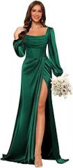 PRECISCRY Mermaid Satin Bridesmaid Dresses with Slit Long Sleeve Formal Party Dress Pleated Long Formal Evening Dresses Peacock