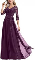 PRECISCRY Lace Appliques Mother of The Bride Dresses for Wedding 3/4 Sleeve A-line Beaded Chiffon Long Formal Evening Dress PRY167 Plum
