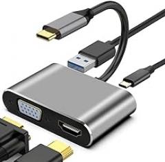 USB C to HDMI VGA Adapter, 4-in-1 USB C Hub with 4K HDMI, 1080P VGA, PD 60W Charging, USB 3.0 Data Port for Data Transfer, OTG Adapter, Compatible with MacBook, iPad, Samsung Phones