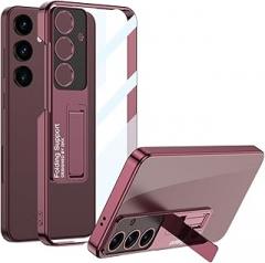 Miimall Slim Case for Samsung S24 Case Kickstand, Raised Full Camera Protector Hard PC Clear Anti-Yellow Ultra-Thin Anti-Scratch Shockproof Phone Cases for Galaxy S24 Case Stand, Red