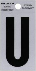 Hillman 839360 2 Inches Letter U Square Cut Self Adhesive Sign, Silver and Black Highly Reflective Flexible Mylar, 2.375x1.5 Inches 1-Sign