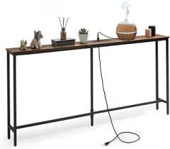 CAPHAUS 63” Narrow Long Console Table w/ 2 Outlets, USB & Type-C Ports for Entryway, Classic Design Skinny Tableau for Living Room, Plant Décor Entrance Mesa for Hallway, Rustic Oak