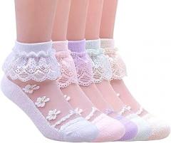 Hopply 5Pairs of Ruffle Pageant Frilly Socks for Toddler Girls Baby White Lace Ankle Dress Socks Summer Mesh Women Sock