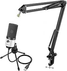 FIFINE Recording Podcast Microphone Kit, Studio Condenser Microphone with Volume Knob, Suspension Boom Scissor Mic Stand Set with 3/8