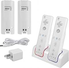 Wii Remote Battery Charger(Free USB Wall Charger+Lengthened Cord) Dual Charging Station Dock with Two Rechargeable Capacity Increased Batteries for Wii U Game Remote Controller (White)