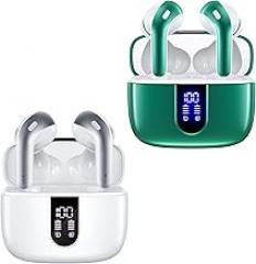 TAGRY 2 Sets X08 White and Forest Green Bluetooth Headphones True Wireless Earbuds 60H Playback Ear Buds with Wireless Charging Case in-Ear Earbuds with Mic