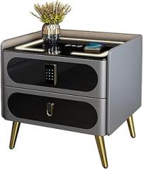 Smart Nightstand with Charging Station, Electronic Password Lock, LED Lights, Tempered Glass Top, 2-Drawer Storage Cabinet, Beige(Gray)