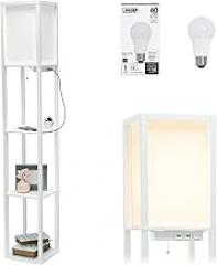 Simple Designs LF1037-WHT-LB Three Shelf Etagere Organizer Storage Floor Lamp with 2 Dual USB Ports and Charging Outlet, White, with Feit LED Bulb Included