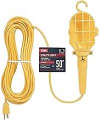 Plastic Guard Utility Light, 16 AWG, 3-Conductor Grounded, 50' Cord Length, Yellow Jacket, 125 Volts, 13 Amps, 1650 Watts, Type SJT, UL Listed, for Temporary Lighting