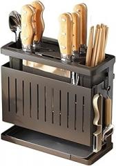 Kitchen Knife Holder Storage Rack Wall-Mounted Multi-purpose Detachable Stainless Steel With Brackets Hooks(Black)