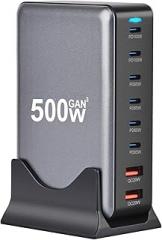 500Watt USB-C GaN Charger 8 in 1 Power Strip Hub Dual 140W PD PPS Port+Dual 100W PD Port for Multiple Electronics Devices,Laptop Wall Charger Compatible with MacBook/iPhone 16/iPad