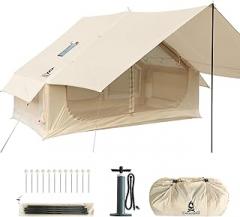 4 Person Inflatable Tent with Stove Jack & Canopy, 4 Season Glamping Air Tent with Panoramic Skylight, AC & Power Port, Waterproof Blow Up Tent House for Camping, Easy Setup